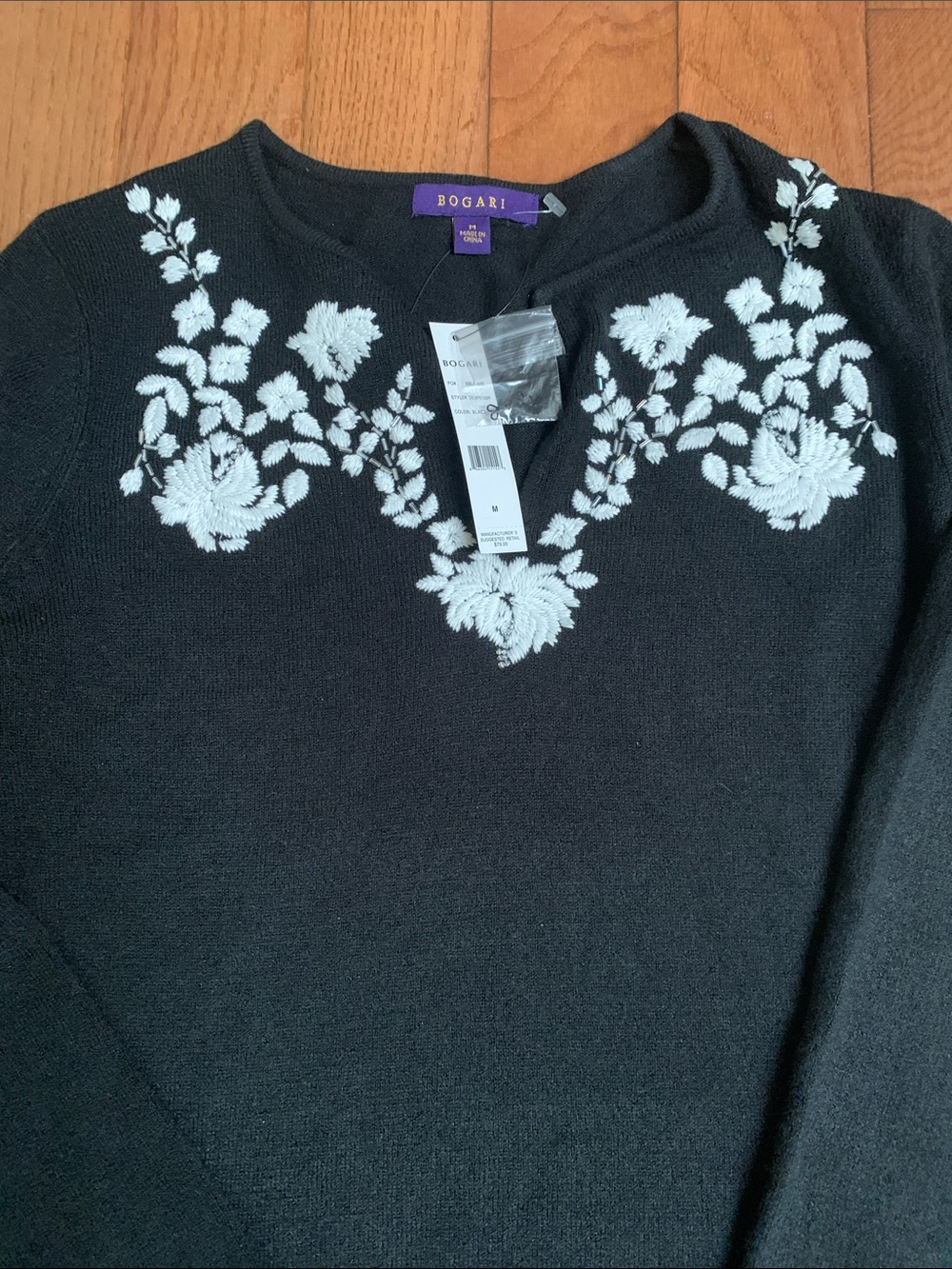 Bogari Black Crewneck Sweater with White Floral Embroidery Detail